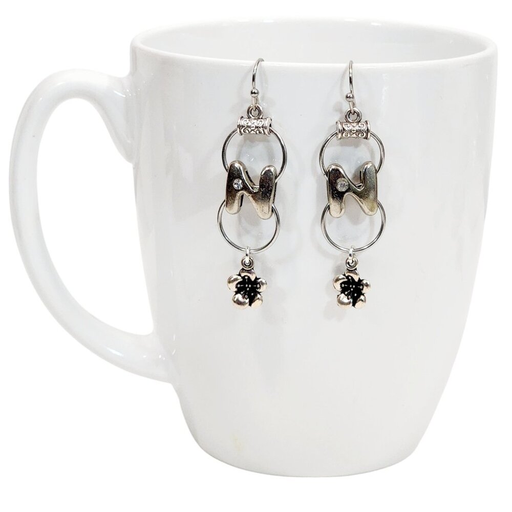 Alphabet Initial Letter N Earrings Silver Rhinestone Charms